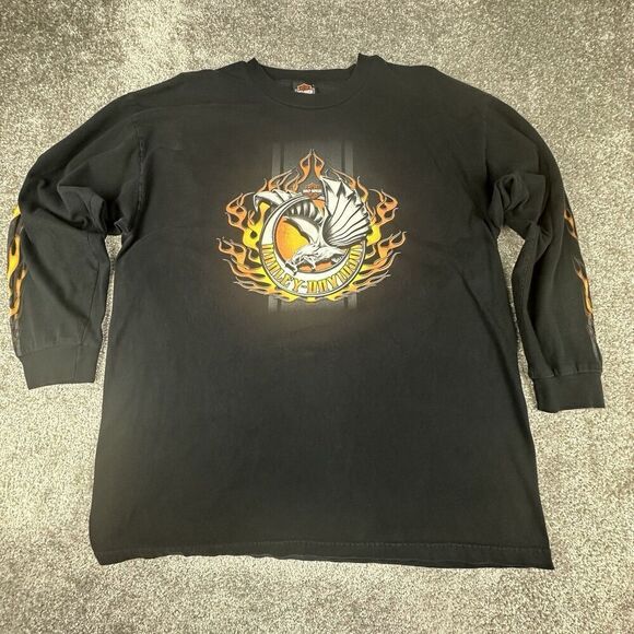Harley Davidson Flame Sleeve Eagle Shirt Mens 2XL Regular Black Y2K Made in USA - Picture 2 of 7